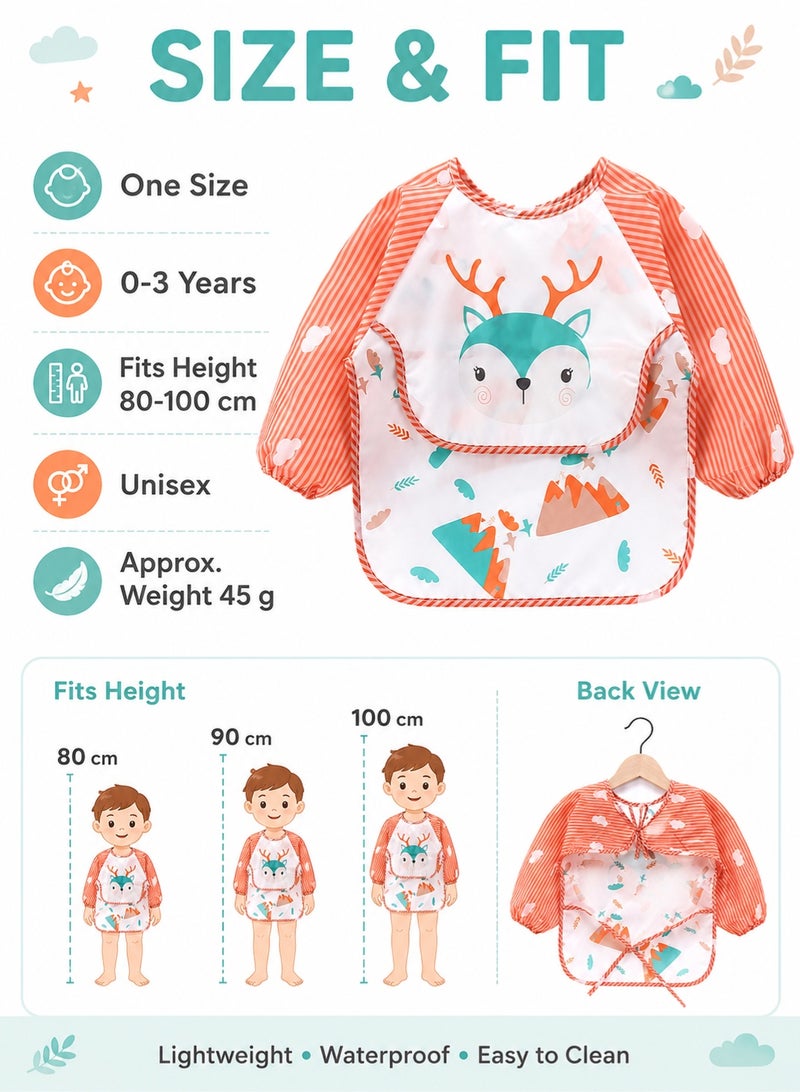 Bebiland Baby Waterproof Long Sleeve Bib, Lightweight Toddler Feeding Smock with Upward-Turn Pocket, Protective Coverall for Self-Feeding and Painting, for 1-3 Years (Deer Pattern) - Image 2