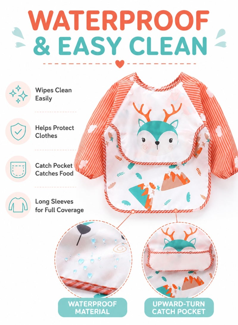 Bebiland Baby Waterproof Long Sleeve Bib, Lightweight Toddler Feeding Smock with Upward-Turn Pocket, Protective Coverall for Self-Feeding and Painting, for 1-3 Years (Deer Pattern) - Image 3