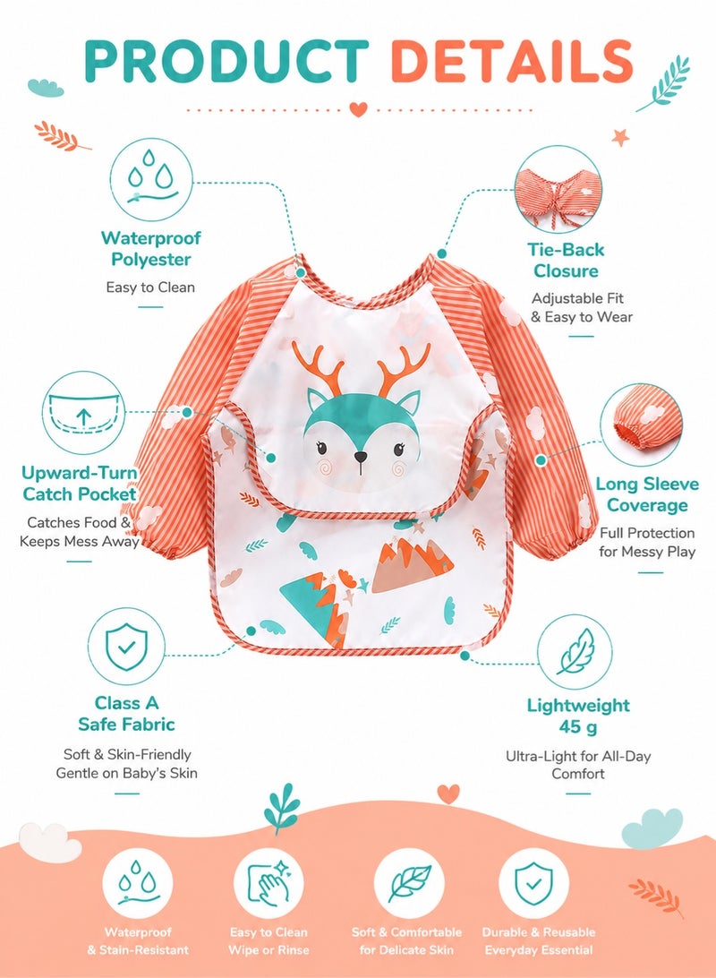 Bebiland Baby Waterproof Long Sleeve Bib, Lightweight Toddler Feeding Smock with Upward-Turn Pocket, Protective Coverall for Self-Feeding and Painting, for 1-3 Years (Deer Pattern) - Image 4