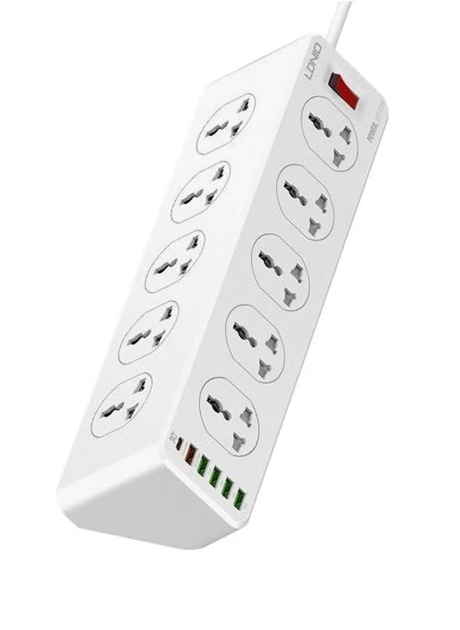 موزع طاقة مزود بـ 10 منافذ حماية من زيادة التيار و6 منافذ USB - شحن سريع 32 واط بتقنية PD وQC 3.0، سلك تمديد متين بطول مترين، حماية من الحمل الزائد، مقبس محول متعدد المقابس بمنافذ عالمية للمنزل والمكتب والإلكترونيات - أبيض 36×9×9 سم - Image 1
