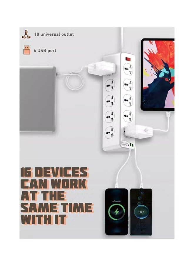 موزع طاقة مزود بـ 10 منافذ حماية من زيادة التيار و6 منافذ USB - شحن سريع 32 واط بتقنية PD وQC 3.0، سلك تمديد متين بطول مترين، حماية من الحمل الزائد، مقبس محول متعدد المقابس بمنافذ عالمية للمنزل والمكتب والإلكترونيات - أبيض 36×9×9 سم - Image 4