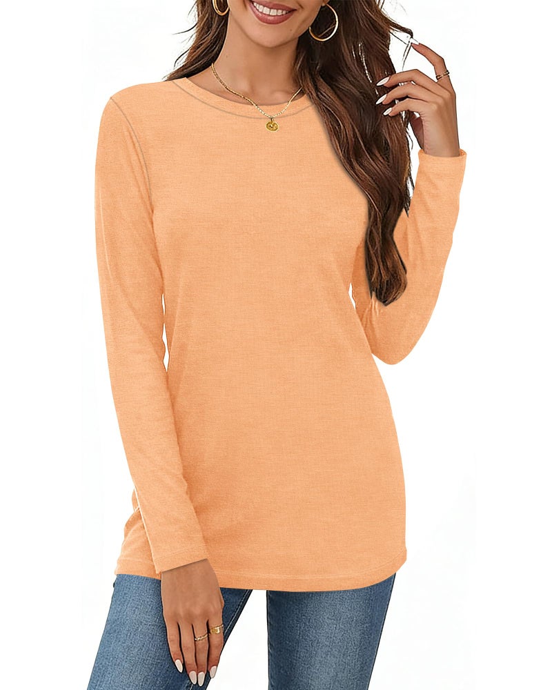 CHICGAL Women Long Sleeve Shirts Casual Dressy Crew Neck Soft Basic Tee Loose Fit Tunic Tops(Light Orange, L) - Image 2