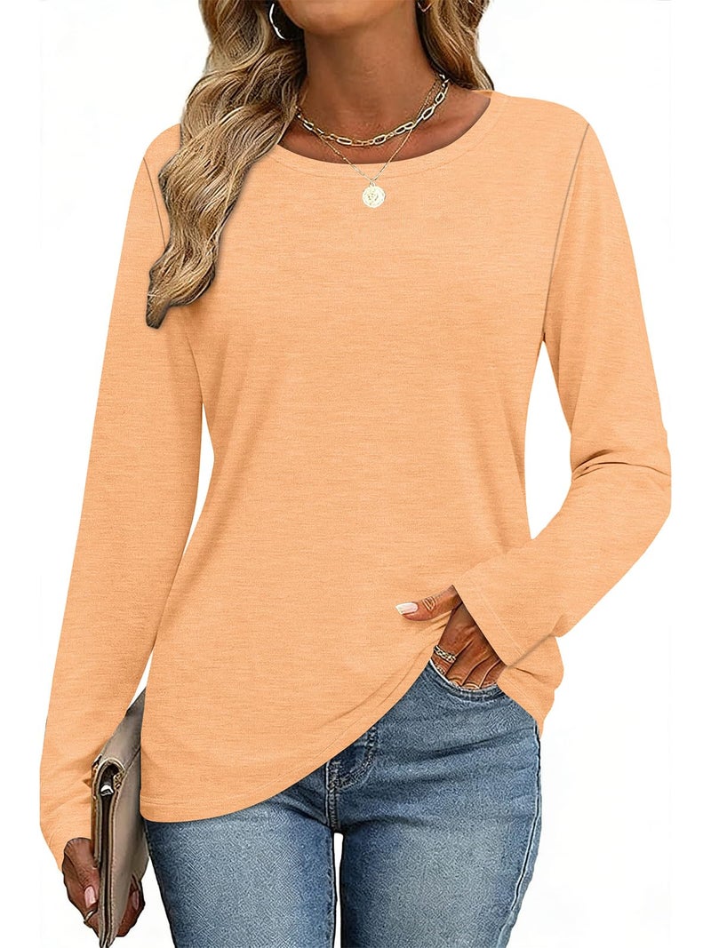 CHICGAL Women Long Sleeve Shirts Casual Dressy Crew Neck Soft Basic Tee Loose Fit Tunic Tops(Light Orange, L) - Image 1