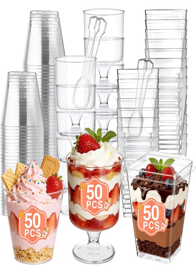Eupako 150 Set 5 oz Plastic Dessert Cups Assorted Shape - 50 Square 50 Round 50 Goblet Clear Appetizer Cup, Small Dessert Cup for Jello Shots, Parfait, Puddings, Mousse - Image 1