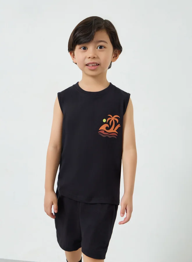 Styli Boys Black Sleeveless T-Shirt and Shorts Set