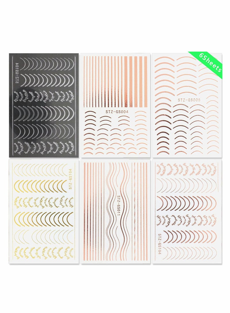 Nail Art Stickers, Decals Metal Line Nail Supply Rose Gold 3D Self-Adhesive Nail Decals Metal Curve Stripe Lines Design DIY Letter Nail Sticker Adhesive Decoration Foil Accessory 6 Sheet - Image 2