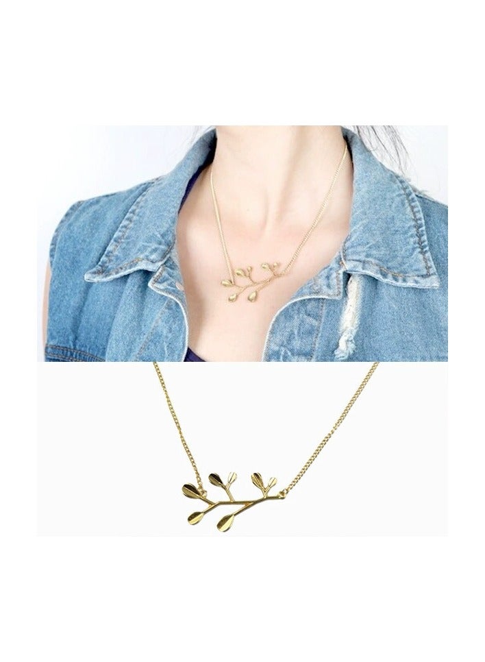Goolsky Gold Leaf Branch Pendant Necklace – Nature-Inspired Short Minimalist Necklace, Elegant Fashion Jewelry for Women