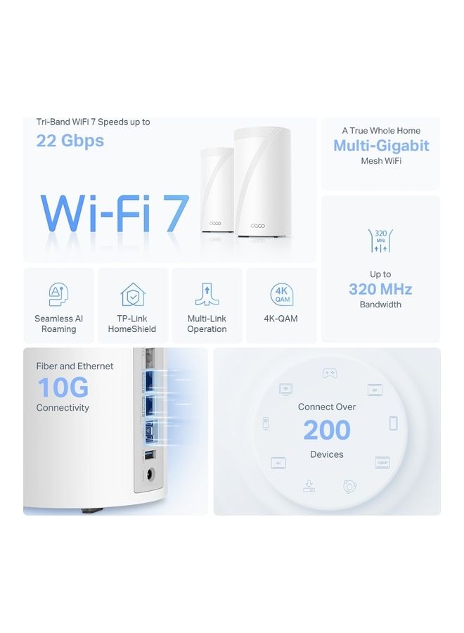 TP-LINK Tri-Band WiFi 7 BE19000  Whole Home Mesh System (Deco BE85) | 12-Stream 22 Gbps | 2× 10G + 2× 2.5G Ports Wired Backhaul, 8× High-Gain Antennas | VPN, AI-Roaming, 4×4 MU-MIMO, HomeShield (2-Pack) White - Image 5