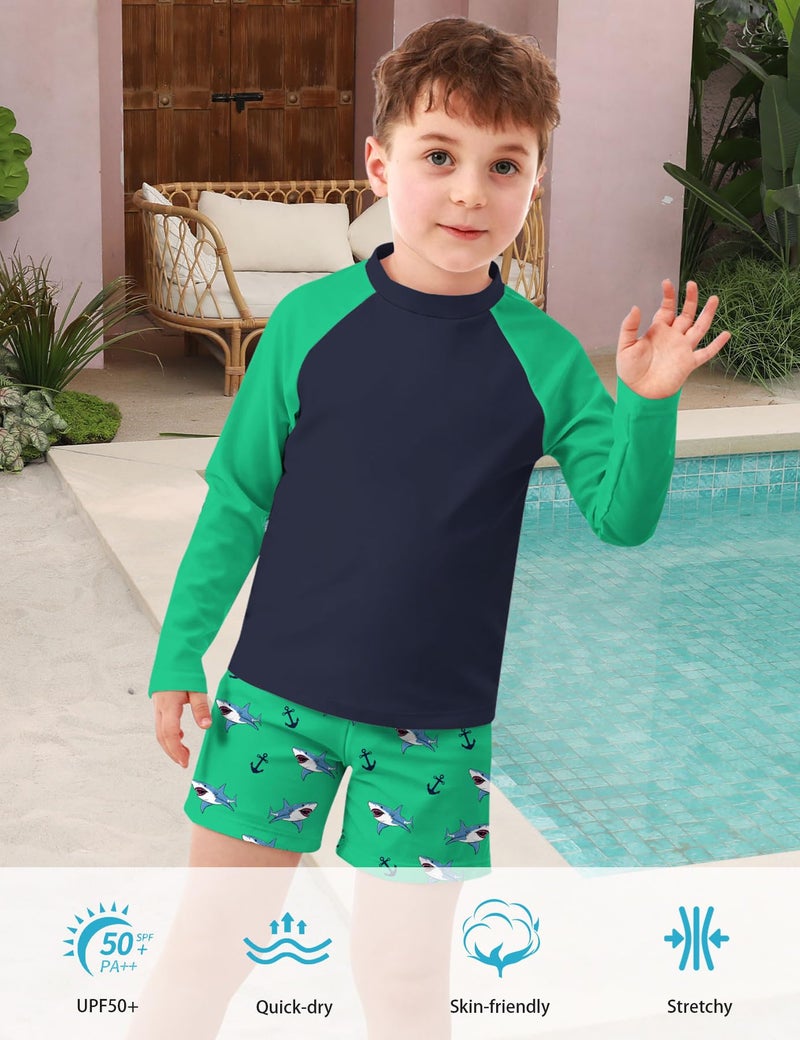 SunFocus Boys Rash Guard Swimsuits 2 Piece Long Sleeve Swimwear Sets Bathing Suit with Swimming Short for Boys 5-6 Years Green - Image 2