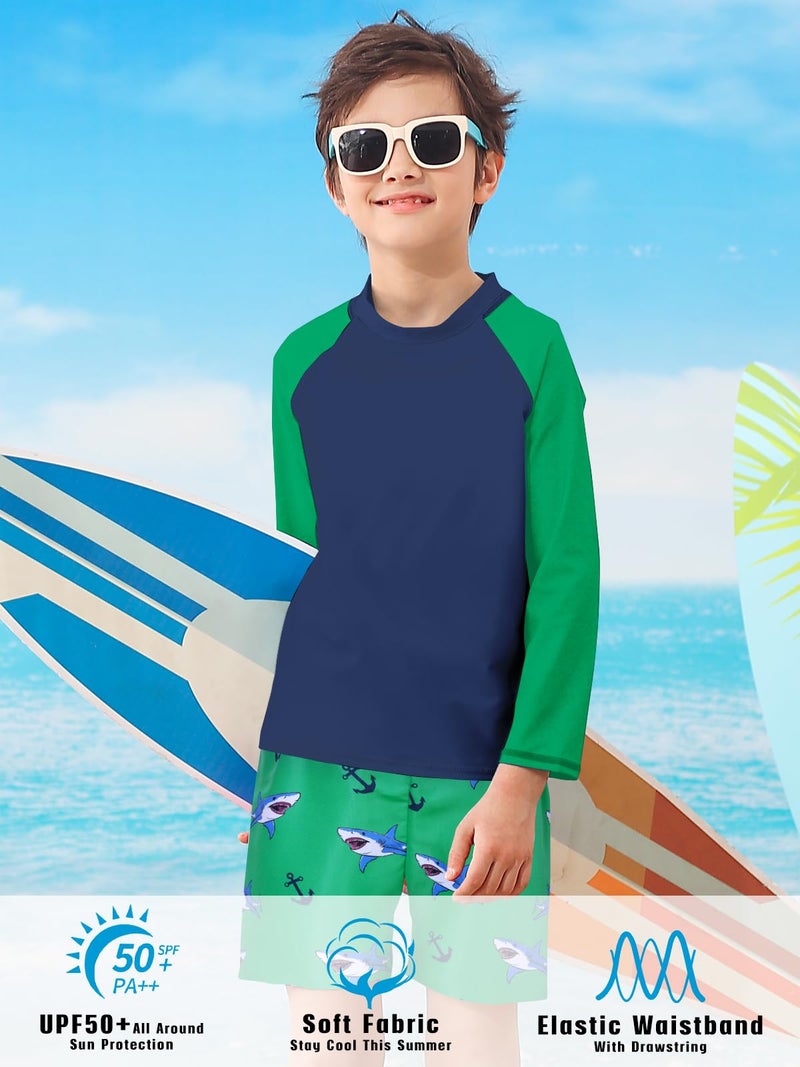SunFocus Boys Rash Guard Swimsuits 2 Piece Long Sleeve Swimwear Sets Bathing Suit with Swimming Short for Boys 5-6 Years Green - Image 3