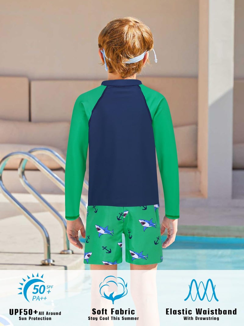 SunFocus Boys Rash Guard Swimsuits 2 Piece Long Sleeve Swimwear Sets Bathing Suit with Swimming Short for Boys 5-6 Years Green - Image 5