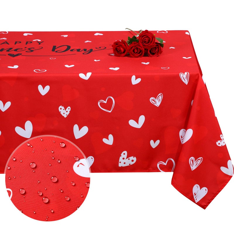 WovWeave Valentineâ€˜s Day Tablecloth Valentines Party Fabric Table Cover Red Love Heart Happy Valentineâ€˜s Day Reusable Polyester Rectangle Waterproof Table Cloth for Wedding Anniversary, 60'' x 84'' - Image 1