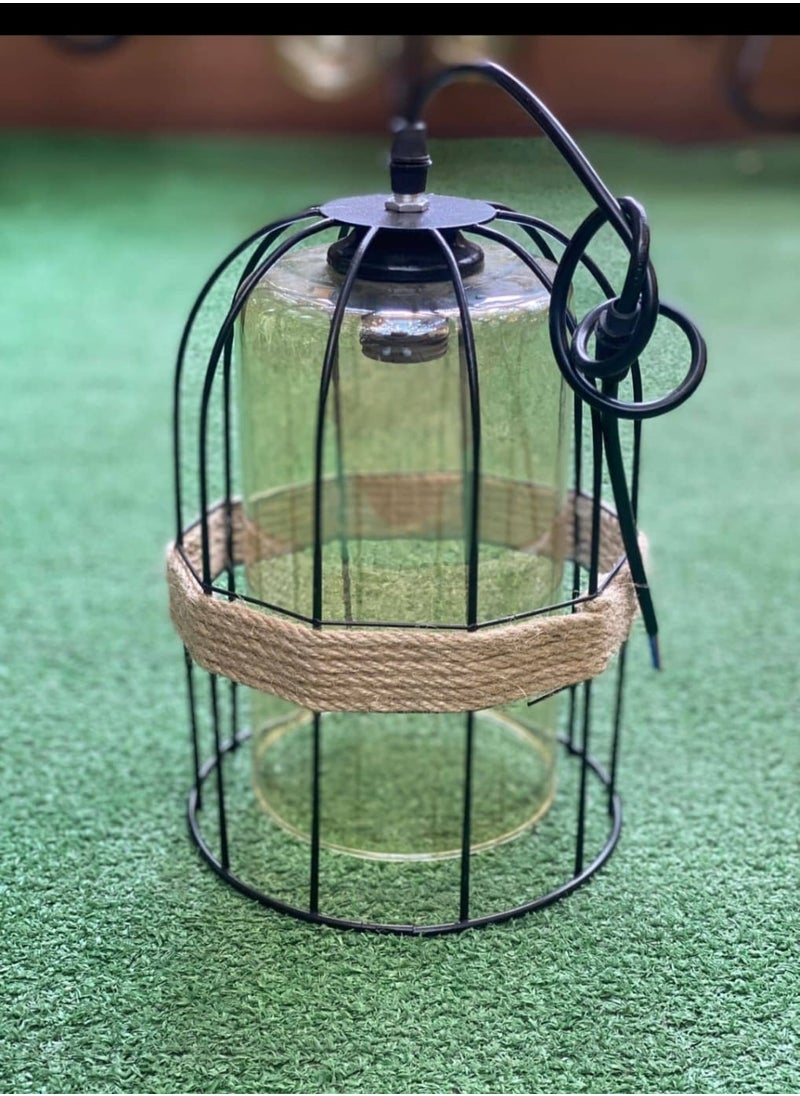 zoba Hanging pendant with metal cage and clear glass - decorated with jute rope - warm indoor lighting for children's rooms or living rooms  - Image 2