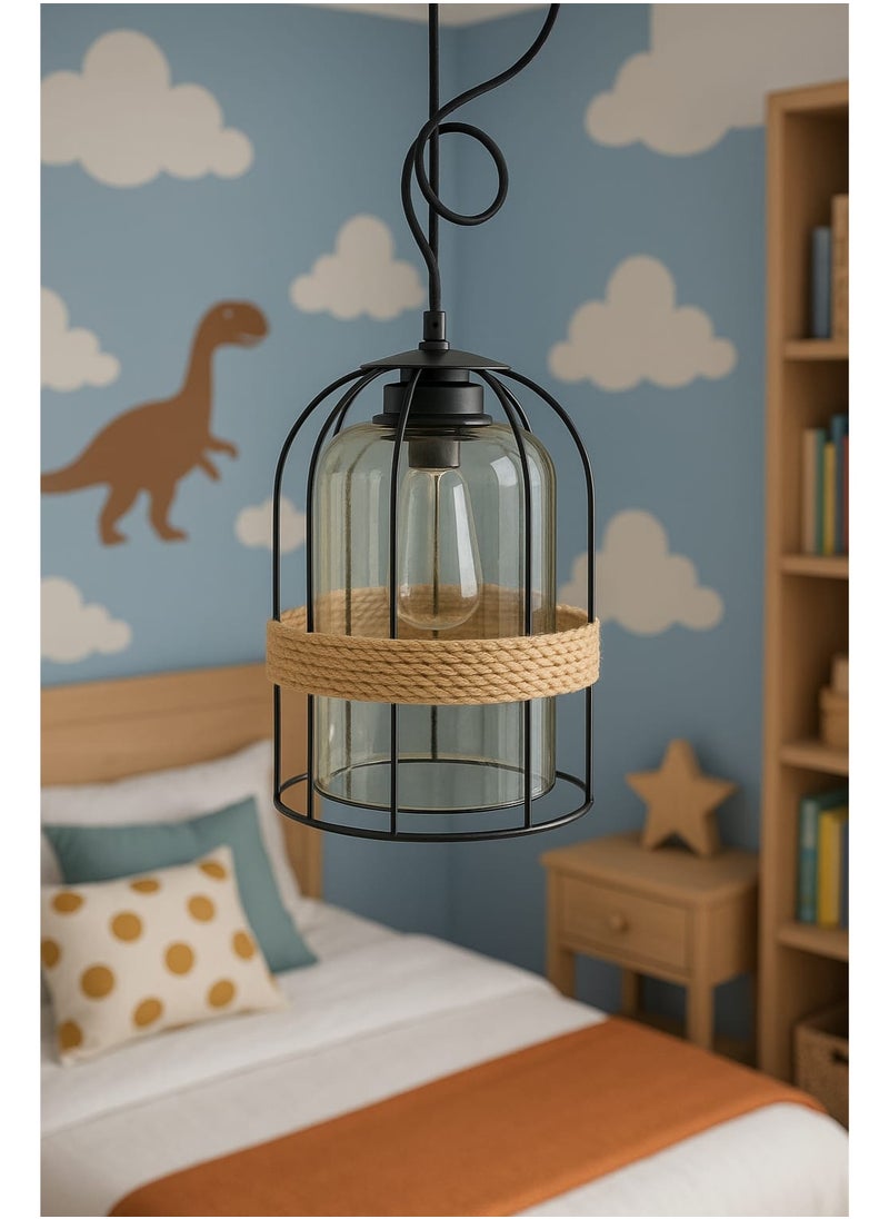 zoba Hanging pendant with metal cage and clear glass - decorated with jute rope - warm indoor lighting for children's rooms or living rooms  - Image 1