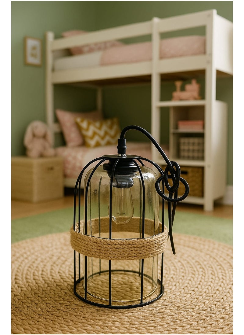 zoba Hanging pendant with metal cage and clear glass - decorated with jute rope - warm indoor lighting for children's rooms or living rooms  - Image 3