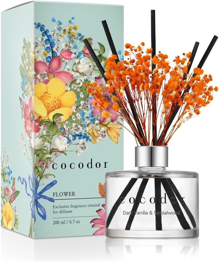 مجموعة ناشر القصب بالزهور من COCODOR / 6.7 أونصة / فانيليا داكنة وخشب الصندل / ناشر عطر بأعواد عطر منزلي ناشر قصب لديكور رف الحمام - Image 1
