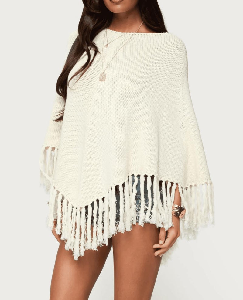 Argeousgor Women Tassel Poncho Sweater Y2K Knitted Pullover Poncho Shawl Lightweight Fringe Wrap Cardigan Knitwear Cape - Image 2