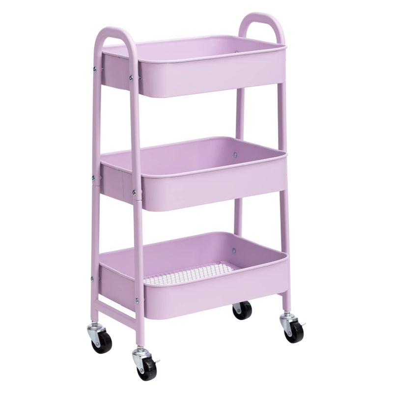 DOEWORKS 3Tier Storage Cart Rolling Trolley Cart Metal Utility Shelves with Wheels for Kitchen Makeup Bathroom Office Light Purple