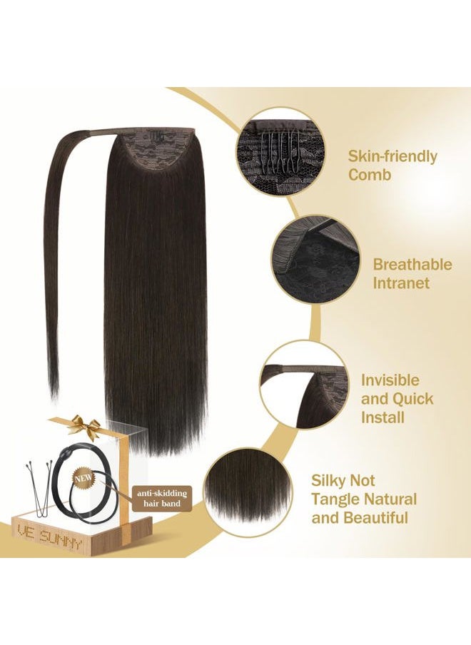 Ve Sunny - Brown Clip in Hair Extensions Ponytail Wrap Around Silky Straight 16inch Remy Human Hair Ponytail Extensions Solid Dark Brown Hair Extensions Pony Tail 80g - Image 1