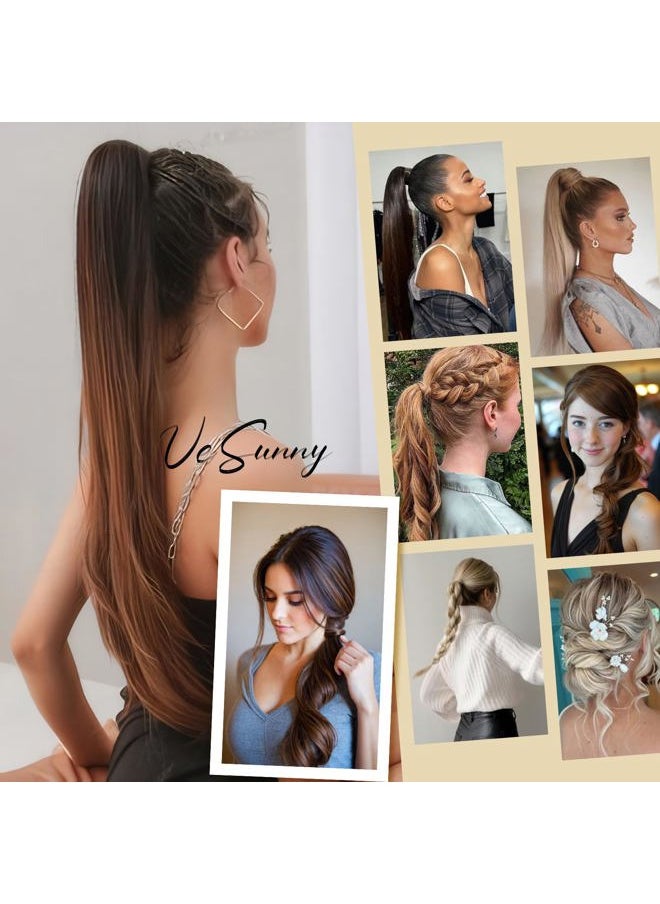 Ve Sunny - Brown Clip in Hair Extensions Ponytail Wrap Around Silky Straight 16inch Remy Human Hair Ponytail Extensions Solid Dark Brown Hair Extensions Pony Tail 80g - Image 1