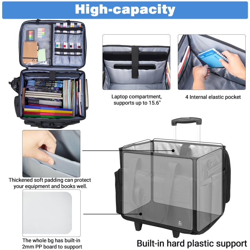 Timoxi Rolling Teacher Bag Built-in Hard Support Board, Rolling Briefcase with Detachable Trolley, Rolling bag with Laptop compartment, Adjustable Shoulder Strap, and Ample Storage Space - Image 3