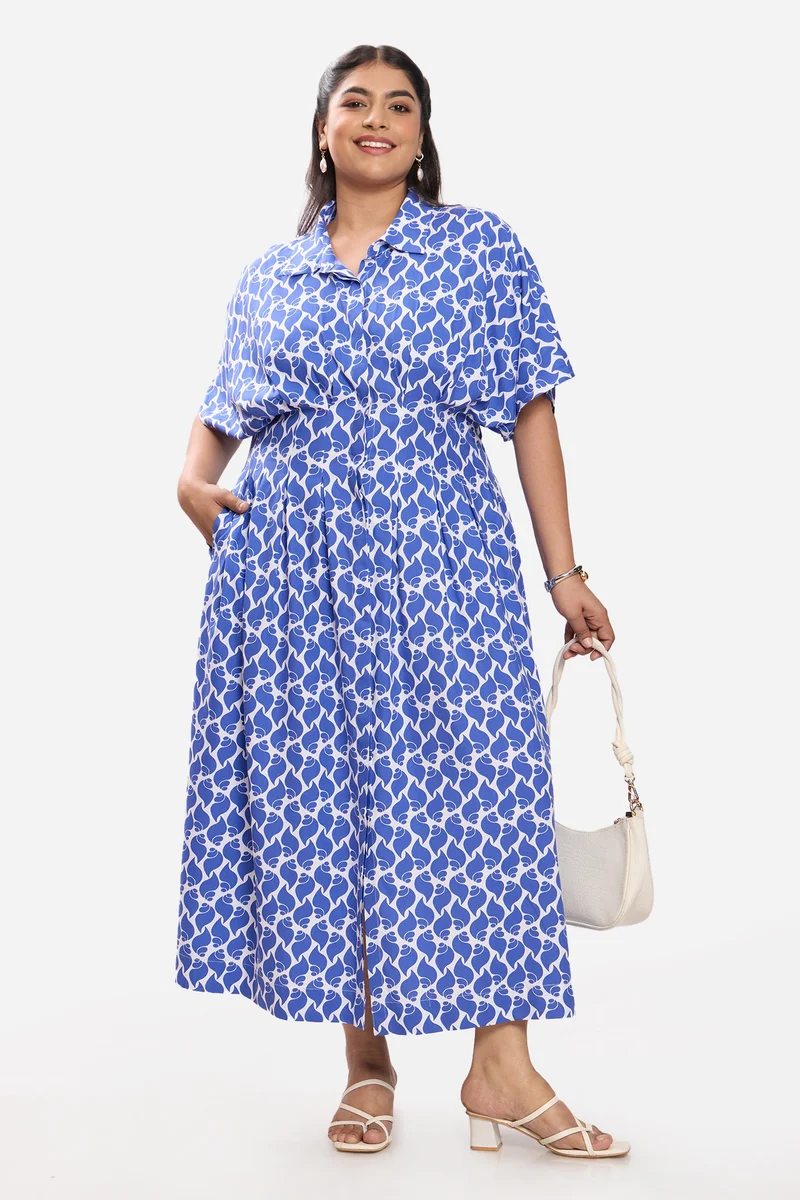 فيرجيو All over print Cotton Pleated Button Shirt Plus Size Dress for Women