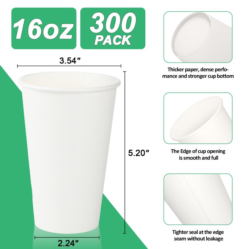 RAZCC 16 oz Paper Cups, 300 Pack 16oz Disposable Paper Coffee Cups, Coffee Cups 16 oz for Cold and Hot Drinks, White Paper Drinking Cups for Parties, Picnic, Cafes, Bistros and Events - Image 2