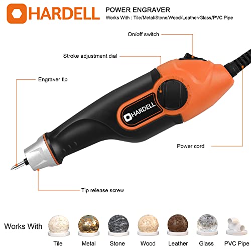 HARDELL 24W Engraving Pen, 5 Speed Engraving Tool with Letter/Number Stencil, Soft Handle Engraver Pen with Tungsten Carbide Steel Bits for Metal, Stone, Wood, Leather, Glass, PVC Pipe, DIY Crafts - Image 2