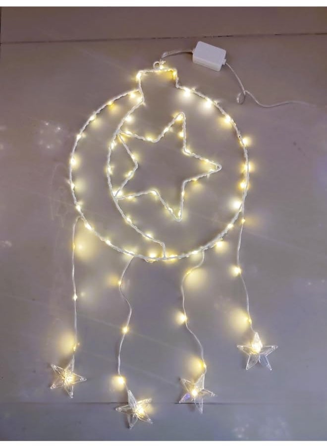 The Bros Crescent Moon with Dangling Stars Wall Hanging LED Light - Eid & Ramadan Décor for Home, Living Room & Festivals 