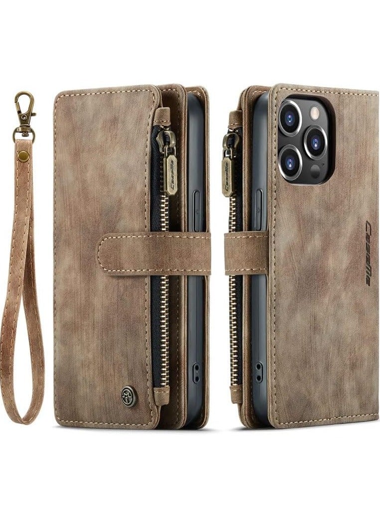 جولدن ماسك حافظة حماية بتصميم محفظة بسوستة مع سوار معصم لجوال ايفون 14 برو ماكس من جولدن ماسك (بني) - Image 1