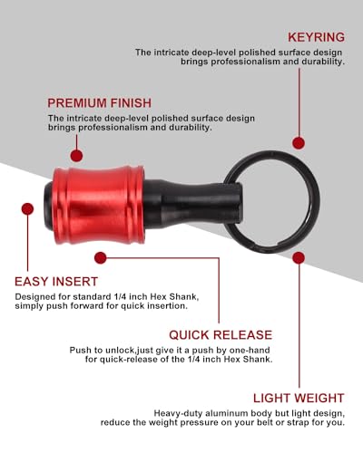 katerk 6pcs Red&Black Bit Holder with Carabiner Socket for Mens Gift, 1/4 inch Hex Shank Aluminum Alloy Screwdriver Bit Holders, Quick Release Easy Change Impact Driver Drill Bit Keychain Extension - Image 4