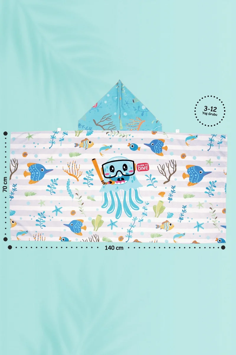 Hamur Dough Hooded Children's Beach Towel Jelly Turquoise with Snaps on the Front
