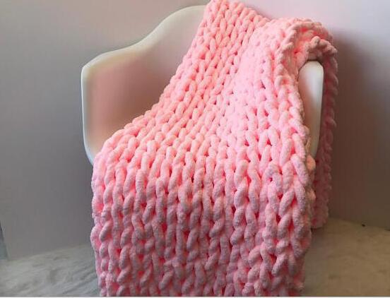 Chenille Chunky Knit Blanket Handmade Pink 
