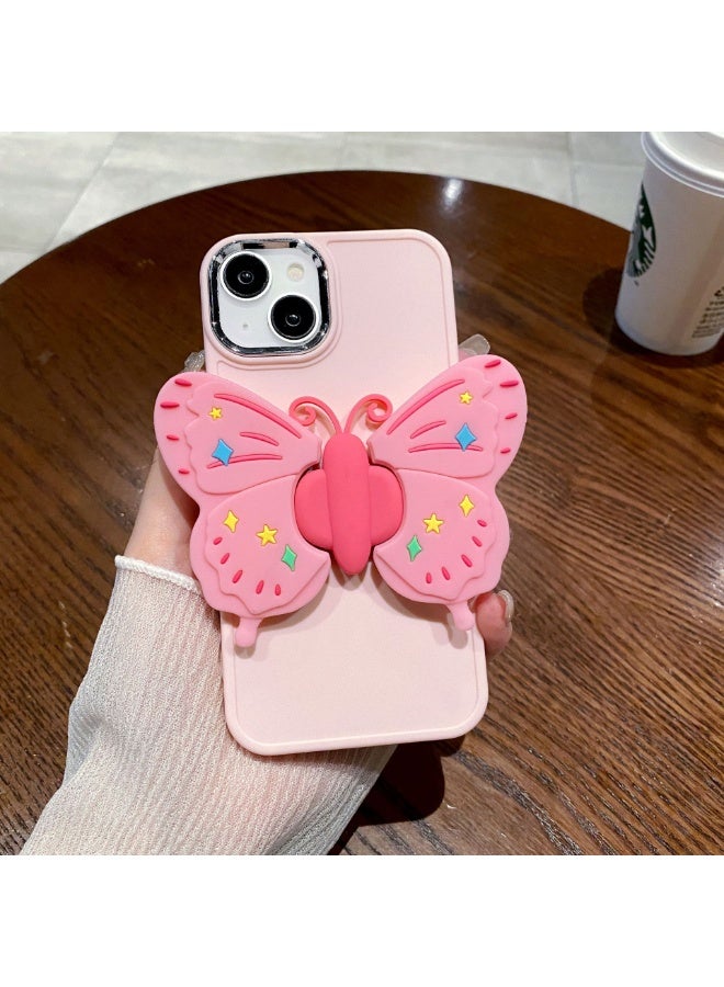 NIBEMINENT Metal Photo Frame Protective TPU Case Cover For iPhone 14 Pro, Cherry Blossom Powder With Folded Butterfly Stand - Image 1