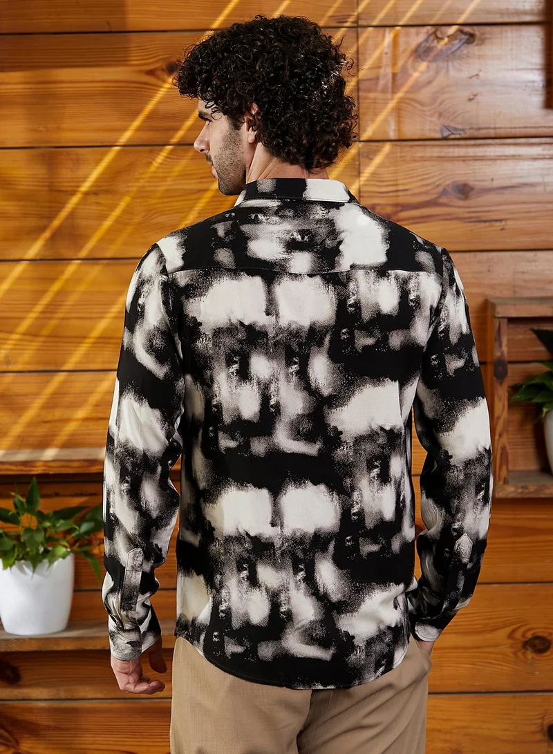 Campus Sutra Men's Onyx Black Textured Brushwork Shirt