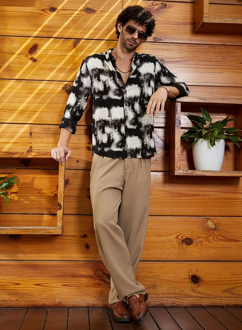 Campus Sutra Men's Onyx Black Textured Brushwork Shirt