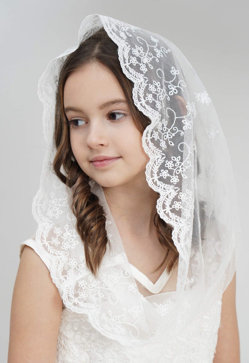 Leimandy Flowergirl Lace Veil Floret Edge Headband First Communion Veil Girls Lace Headwrap For Girls F07 (Ivory) - Image 3