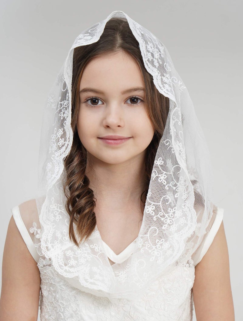 Leimandy Flowergirl Lace Veil Floret Edge Headband First Communion Veil Girls Lace Headwrap For Girls F07 (Ivory) - Image 2