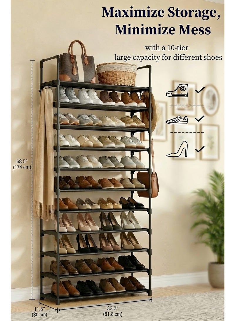 ZIMNEST Shoe Rack for Closet - 10-Tier Shoe Organizer with Hook Rack, Large-Capacity & Space-Saving Shoe Shelf for Entryway, Bedroom, Living Room,32.2" x 11.8" x 68.5", Black - Image 2