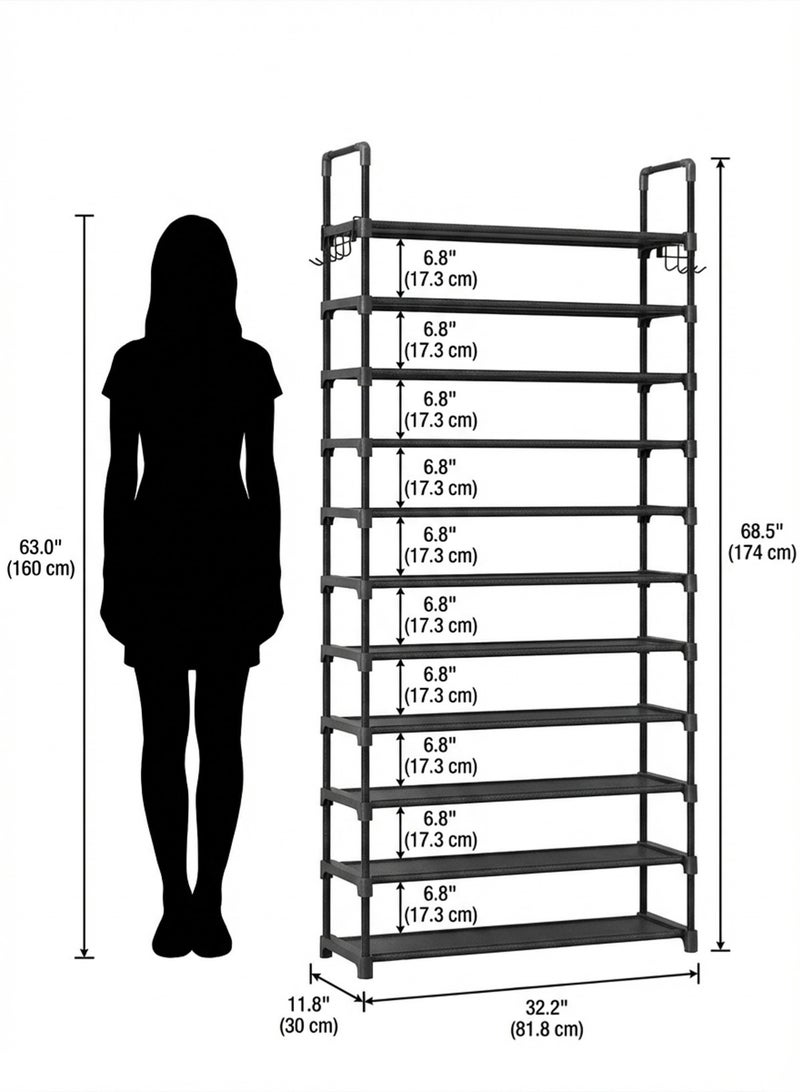 ZIMNEST Shoe Rack for Closet - 10-Tier Shoe Organizer with Hook Rack, Large-Capacity & Space-Saving Shoe Shelf for Entryway, Bedroom, Living Room,32.2" x 11.8" x 68.5", Black - Image 3