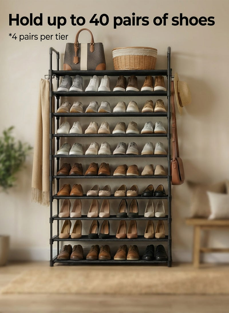 ZIMNEST Shoe Rack for Closet - 10-Tier Shoe Organizer with Hook Rack, Large-Capacity & Space-Saving Shoe Shelf for Entryway, Bedroom, Living Room,32.2" x 11.8" x 68.5", Black - Image 4