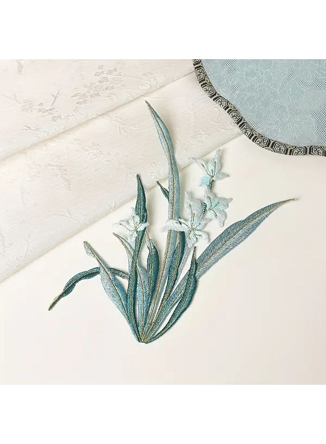 3D Orchid Flower Iron On Sew On Embroidery Patches White Pink Orchids With Golden Toned Stem Realistic Green Leaves Pre Made Applique For Dresses Cheongsam Jackets Bags Chinese Decoration - Image 2