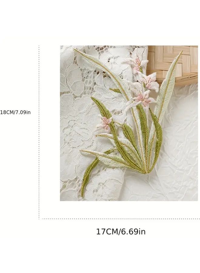 3D Orchid Flower Iron On Sew On Embroidery Patches White Pink Orchids With Golden Toned Stem Realistic Green Leaves Pre Made Applique For Dresses Cheongsam Jackets Bags Chinese Decoration - Image 3