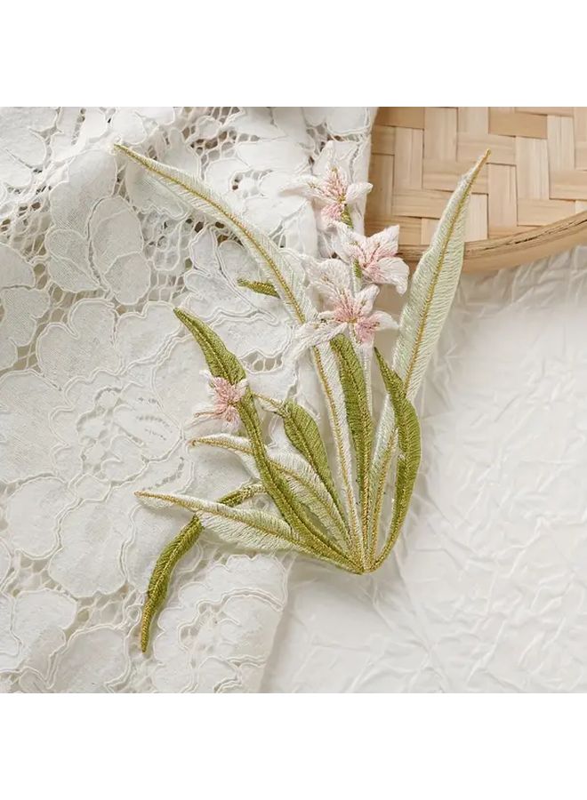 3D Orchid Flower Iron On Sew On Embroidery Patches White Pink Orchids With Golden Toned Stem Realistic Green Leaves Pre Made Applique For Dresses Cheongsam Jackets Bags Chinese Decoration - Image 5
