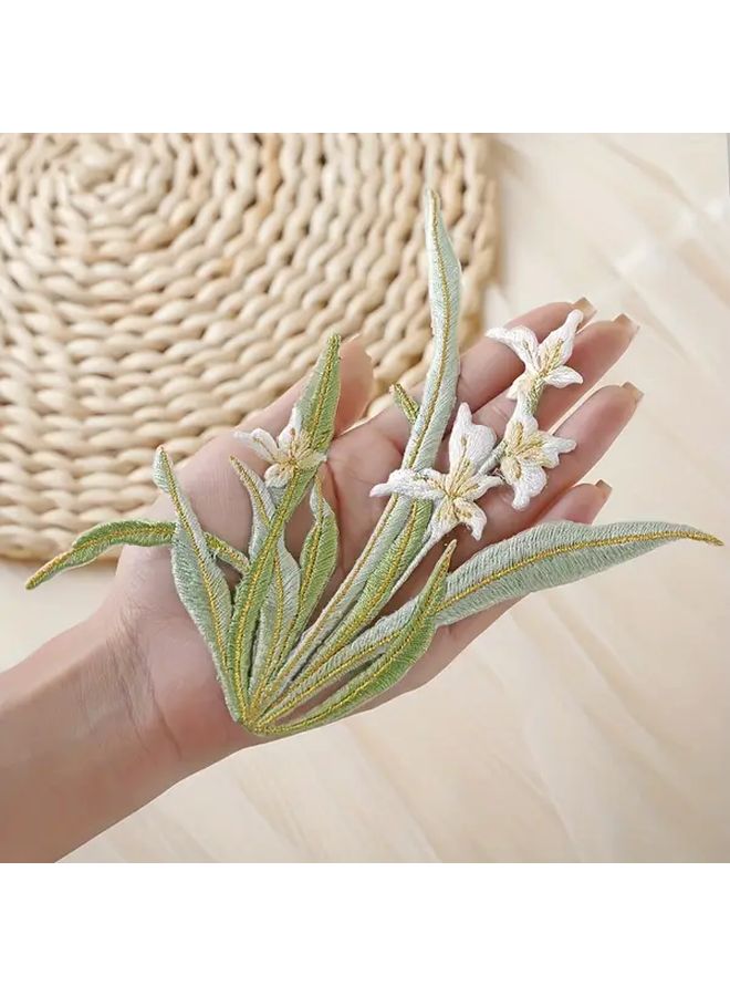 3D Orchid Flower Iron On Sew On Embroidery Patches White Pink Orchids With Golden Toned Stem Realistic Green Leaves Pre Made Applique For Dresses Cheongsam Jackets Bags Chinese Decoration - Image 4