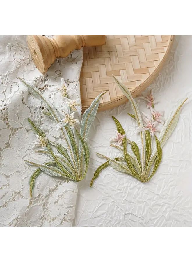 3D Orchid Flower Iron On Sew On Embroidery Patches White Pink Orchids With Golden Toned Stem Realistic Green Leaves Pre Made Applique For Dresses Cheongsam Jackets Bags Chinese Decoration - Image 1