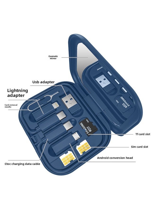 Square Multi-function Data Cable Storage Box 60W Fast Charging Line Adapter Storage 6-in -1 Mobile Phone Bracket Charging Line-Color:Deep Space Blue (with Mirror  - Image 1
