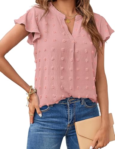 MEROKEETY Women V Neck Flowy Short Sleeve Swiss Dot Blouse Business Casual Loose Shirt Top Pink Medium - Image 1