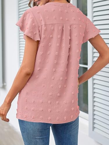 MEROKEETY Women V Neck Flowy Short Sleeve Swiss Dot Blouse Business Casual Loose Shirt Top Pink Medium - Image 4