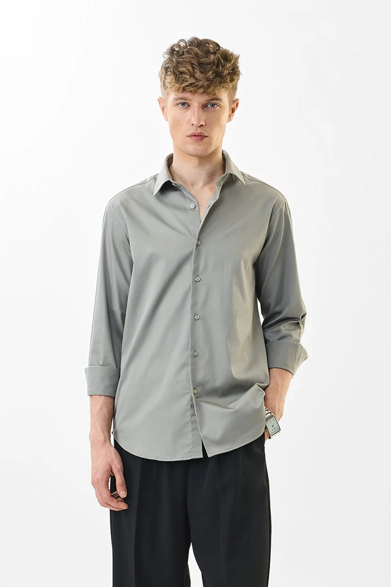 SNITCH Light Grey Solid Long Sleeve Slim Fit Formal Luxe Shirt